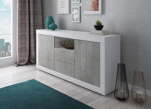 Dmora Modernes Sideboard mit 2 Türen, Küchenbuffet, Sideboard mit Regalen, Wohnzimmermöbel TV-Ständer, cm 185x44h86, weiß und zementfarben von Dmora