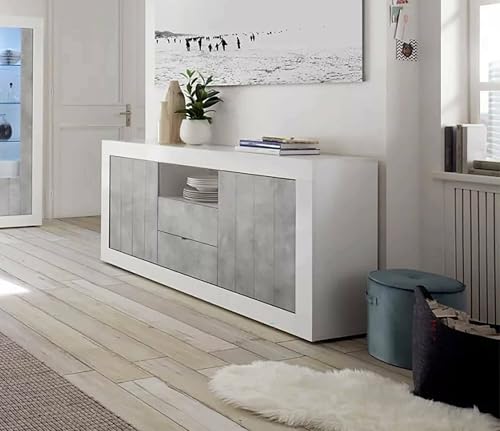 Dmora - Modernes Sideboard mit 2 Türen und 2 Schubladen, Made in Italy, Küchen-Sideboard, Wohnzimmer-Design-Buffet, cm 184x42h86, glänzendes Weiß und Zementfarbe Dmora - Modernes Sideboard mit 2 Türen und 2 Schubladen, Made in Italy, Küchen-Sideboard, Wohnzimmer-Design-Buffet, cm 184x42h86, glänzendes Weiß und Zementfarbe von Dmora