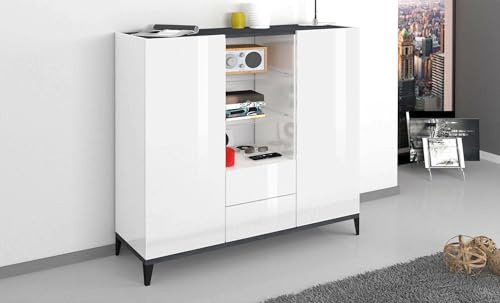 Dmora - Kommode Niccolò, Küchen-Sideboard mit 2 Türen und 2 Schubladen, Wohnzimmer-Buffet, 100 % Made in Italy, 120 x 40 x 133 cm, glänzendes Weiß und Schiefer, von Dmora
