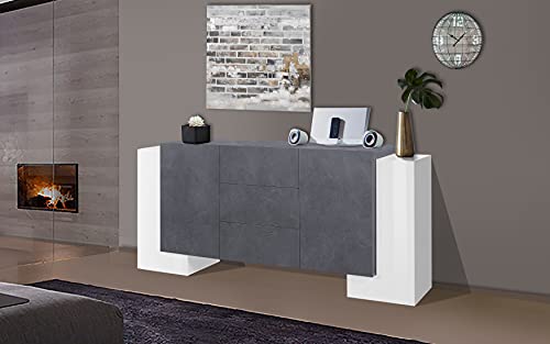 Dmora Modernes Sideboard mit 2 Türen und 3 Schubladen, Made in Italy, Küchen-Sideboard, Wohnzimmer-Design-Buffet, 210x45h85 cm, Farbe Weiß glänzend und Aschgrau von Dmora