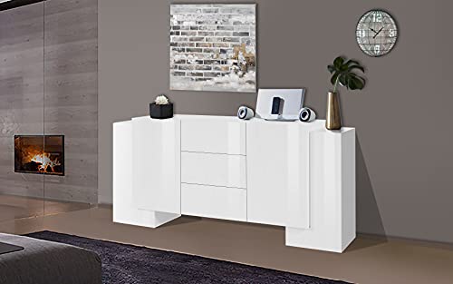 Dmora Modernes Sideboard mit 2 Türen und 3 Schubladen, Made in Italy, Küchen-Sideboard, Wohnzimmer-Design-Buffet, 210x45h85 cm, glänzend weiße Farbe von Dmora