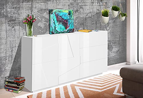 Dmora Modernes Sideboard mit 2 Türen und 3 Schubladen, Made in Italy, Küchen-Sideboard mit Detail, Design-Wohnzimmerbuffet, 143x44h86 cm, Glänzende weiße Farbe von Dmora