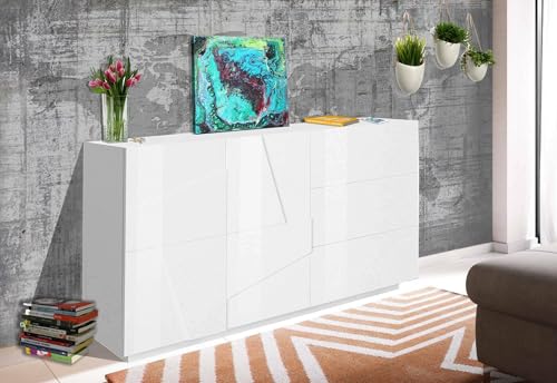 Dmora - Kommode Noè, Küchen-Sideboard mit 2 Türen und 3 Schubladen, Wohnzimmer-Buffet, 100 % Made in Italy, 143 x 44 x 86 cm, glänzendes Weiß, von Dmora