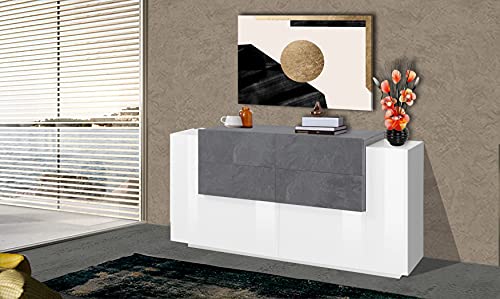 Dmora Modernes Sideboard mit 2 Türen und 4 Schubladen, Made in Italy, Küchen-Sideboard, Wohnzimmer-Design-Buffet, 160x45h86 cm, Weiß glänzend und Schiefergrau von Dmora