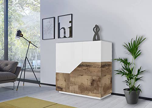 Dmora Modernes Sideboard mit 2 geometrischen Türen, Made in Italy, Küchen-Sideboard, Wohnzimmer-Design-Buffet, cm 79x43h86, glänzendes Weiß und Ahorn von Dmora