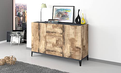 Dmora Modernes Sideboard mit 3 Türen und 1 Schublade, Made in Italy, erhöhtes Küchen-Sideboard, Wohnzimmer-Design-Buffet, Cm 120x40h82, Schiefer und Ahorn von Dmora