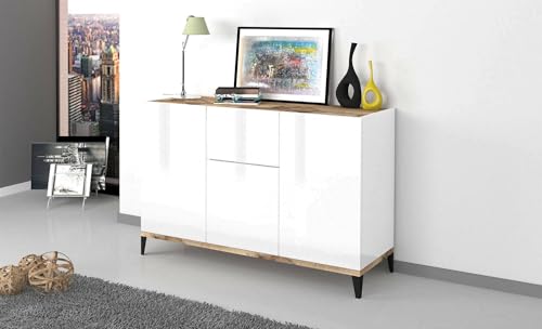 Dmora Modernes Sideboard mit 3 Türen und 1 Schublade, Made in Italy, erhöhtes Küchen-Sideboard, Wohnzimmer-Design-Buffet, cm 120x40h82, glänzend weiß und Ahorn von Dmora