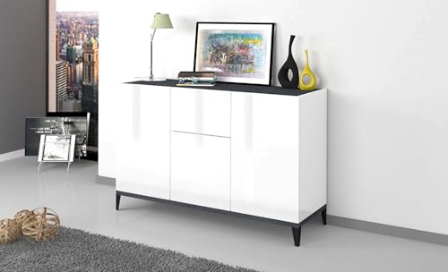 Dmora Modernes Sideboard mit 3 Türen und 1 Schublade, Made in Italy, erhöhtes Küchen-Sideboard, Wohnzimmer-Design-Buffet, cm 120x40h82, glänzendes Weiß und Schiefer von Dmora