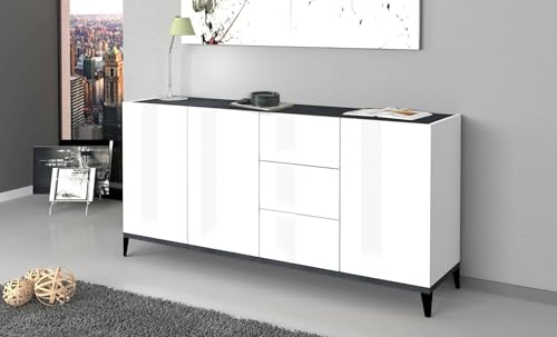 Dmora Modernes Sideboard mit 3 Türen und 3 Schubladen, Made in Italy, erhöhtes Küchen-Sideboard, Wohnzimmer-Design-Buffet, cm 160x40h82, glänzendes Weiß und Schiefer von Dmora