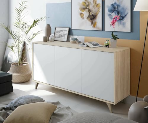 Dmora - Anrichte Arvada, Modernes Sideboard mit 3 Türen und Einlegeböden, Küchenbuffet, Wohnzimmer-Design-Buffet, cm 154x40h75, Eiche und Weiß von Dmora