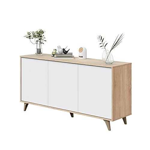 Dmora - Anrichte Arvada, Modernes Sideboard mit 3 Türen und Einlegeböden, Küchenbuffet, Wohnzimmer-Design-Buffet, cm 154x40h75, Eiche und Weiß von Dmora