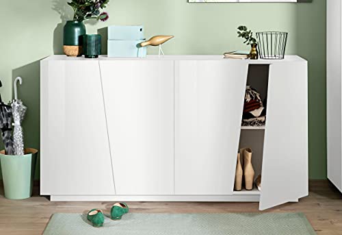 Dmora Modernes Sideboard mit 4 Türen, Made in Italy, Küchen-Sideboard, Wohnzimmer-Design-Buffet, 159x43h86 cm, glänzend weiße Farbe von Dmora
