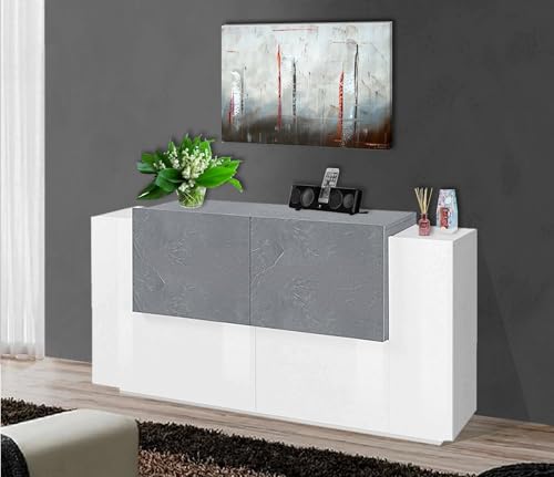 Dmora Modernes Sideboard mit 4 Türen, Made in Italy, Küchen-Sideboard, Wohnzimmer-Design-Buffet, 160x45h86 cm, Weiß glänzend und Zementfarbe von Dmora