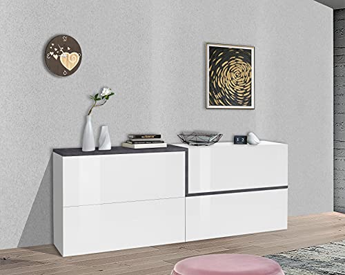 Dmora Modernes Sideboard mit 4 Türen, Made in Italy, Küchen-Sideboard, Wohnzimmer-Design-Buffet, 210x40h80 cm, Weiß glänzend und Schiefergrau von Dmora