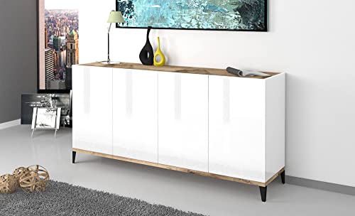 Dmora Modernes Sideboard mit 4 Türen, Made in Italy, erhöhtes Küchen-Sideboard, Wohnzimmer-Design-Buffet, cm 160x40h82, glänzendes Weiß und Ahorn von Dmora