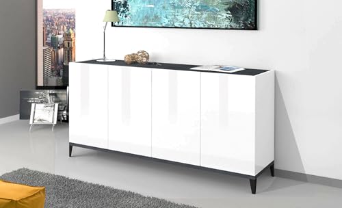 Dmora - Kommode Liam, 4-türiges Küchen-Sideboard, Wohnzimmer-Buffet, 100 % Made in Italy, 160 x 40 x 82 cm, glänzendes Weiß und Schiefer, Dmora - Kommode Liam, 4-türiges Küchen-Sideboard, Wohnzimmer-Buffet, 100 % Made in Italy, 160 x 40 x 82 cm, glänzendes Weiß und Schiefer, von Dmora