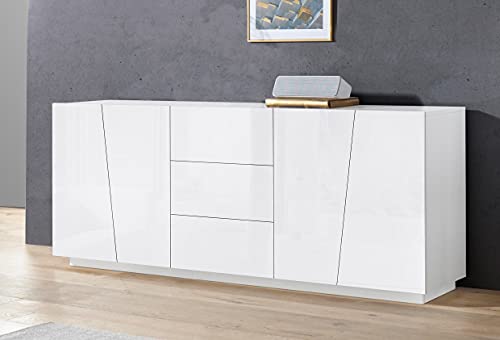 Dmora - Kommode Sven, Küchen-Sideboard mit 4 Türen und 3 Schubladen, Wohnzimmer-Buffet, 100 % Made in Italy, cm 220x43h86, glänzend weiß von Dmora