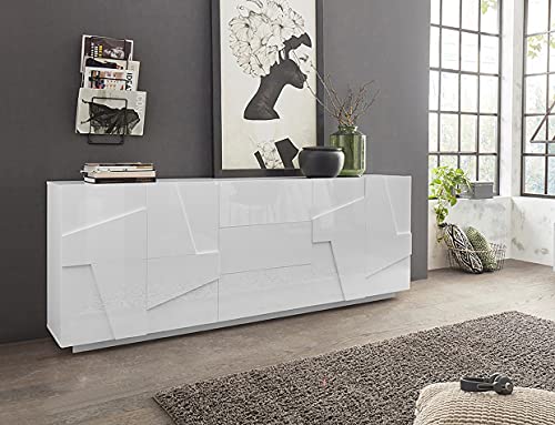 Dmora Modernes Sideboard mit 4 Türen und 3 Schubladen, Made in Italy, Küchensideboard mit Detail, Design-Wohnbuffet, 224x44h86 cm, glänzend weiße Farbe von Dmora
