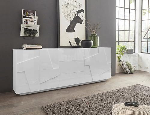 Dmora - Kommode Mason, Küchen-Sideboard mit 4 Türen und 3 Schubladen, Wohnzimmer-Buffet, 100 % Made in Italy, 224 x 44 x 86 cm, glänzendes Weiß, von Dmora