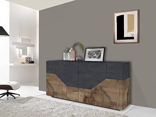 Dmora Modernes Sideboard mit 4 geometrischen Türen, Made in Italy, Eingangs-Sideboard, Wohnzimmer-Design-Buffet, Cm 200x43h86, Schiefer und Ahorn von Dmora