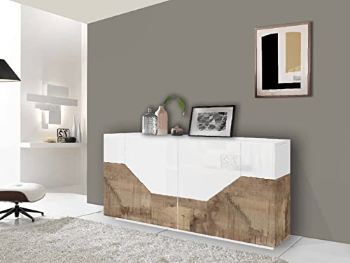 Dmora Modernes Sideboard mit 4 geometrischen Türen, Made in Italy, Eingangs-Sideboard, Wohnzimmer-Design-Buffet, cm 200x43h86, glänzend weiß und Ahorn von Dmora