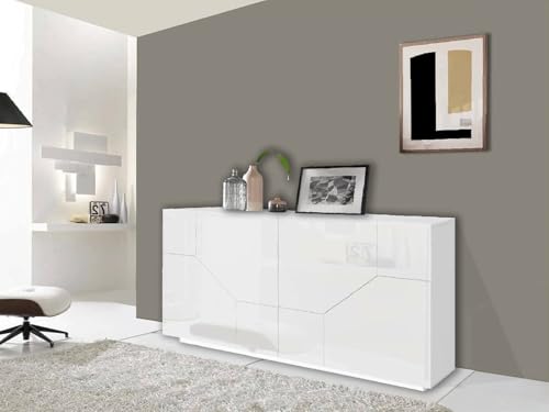 Dmora Modernes Sideboard mit 4 geometrischen Türen, Made in Italy, Eingangs-Sideboard, Wohnzimmer-Design-Buffet, cm 200x43h86, glänzend weiß von Dmora