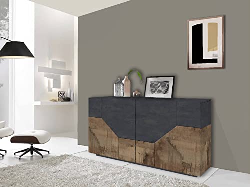 Dmora Modernes Sideboard mit 4 geometrischen Türen, Made in Italy, Küchen-Sideboard, Wohnzimmer-Design-Buffet, Cm 159x43h86, Schiefer und Ahorn von Dmora