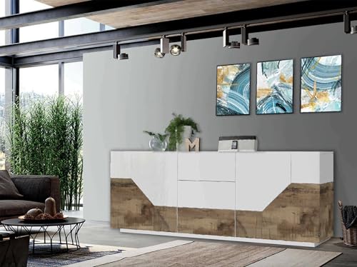 Dmora Modernes Sideboard mit 4 geometrischen Türen und 3 Schubladen, Made in Italy, Küchen-Sideboard, Wohnzimmer-Design-Buffet, cm 220x43h86, glänzend weiß und Ahorn von Dmora