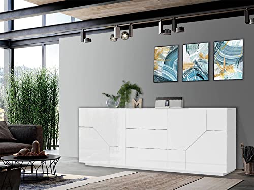 Dmora Modernes Sideboard mit 4 geometrischen Türen und 3 Schubladen, Made in Italy, Küchen-Sideboard, Wohnzimmer-Design-Buffet, cm 220x43h86, glänzend weiß von Dmora