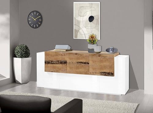 Dmora - Kommode Cesare, Küchen-Sideboard mit 5 Türen und 2 Schubladen, Wohnzimmer-Buffet, Küchen-Sideboard, 100 % Made in Italy, 220 x 45 x 86 cm, glänzendes Weiß und Ahorn Dmora - Kommode Cesare, Küchen-Sideboard mit 5 Türen und 2 Schubladen, Wohnzimmer-Buffet, Küchen-Sideboard, 100 % Made in Italy, 220 x 45 x 86 cm, glänzendes Weiß und Ahorn von Dmora
