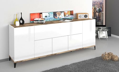 Dmora Modernes Sideboard mit 6 Türen, Made in Italy, erhöhtes Küchen-Sideboard, Wohnzimmer-Design-Buffet, cm 200x40h82, glänzendes Weiß und Ahorn von Dmora