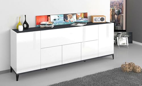 Dmora Modernes Sideboard mit 6 Türen, Made in Italy, erhöhtes Küchen-Sideboard, Wohnzimmer-Design-Buffet, cm 200x40h82, glänzendes Weiß und Schiefer von Dmora