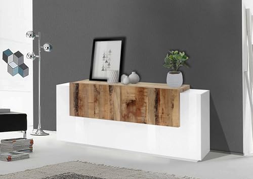 Dmora - Kommode Gennaro, Küchen-Sideboard mit 7 Türen, Wohnzimmer-Buffet, Küchen-Sideboard, 100% Made in Italy, cm 200x45h86, glänzend weiß und Ahorn von Dmora