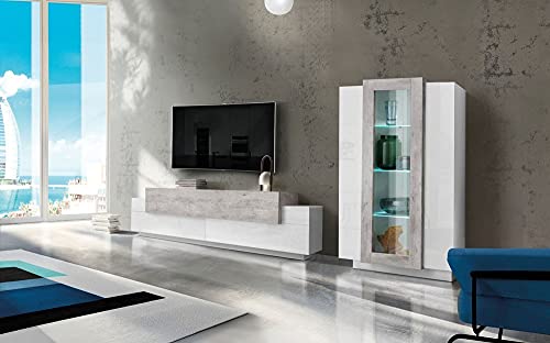 Dmora Modulare Wohnwand, Made in Italy, mit weißem LED-Licht, TV-Ständer und Vitrine, Modernes Wohnzimmer-Set, 290x45h121 cm, Weiß glänzend und Zementfarbe von Dmora