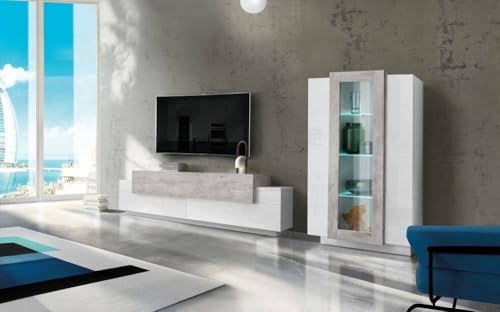 Dmora - Ausgestattete Wand Mirko, TV-Ständer-Wohnzimmerset, Mehrzweck-Wohnzimmermöbel, 100 % Made in Italy, 280 x 45 x 121 cm, glänzendes Weiß und Beton, Dmora - Ausgestattete Wand Mirko, TV-Ständer-Wohnzimmerset, Mehrzweck-Wohnzimmermöbel, 100 % Made in Italy, 280 x 45 x 121 cm, glänzendes Weiß und Beton, von Dmora