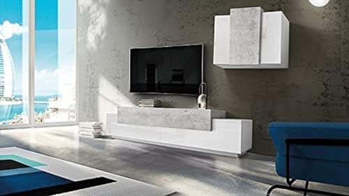 Dmora - Wohnzimmermöbel Ruben, TV-Ständer Wohnzimmer-Set, Mehrzweck-Wohnzimmermöbel, 100% Made in Italy, cm 240x45h180, glänzend weiß und Zement von Dmora