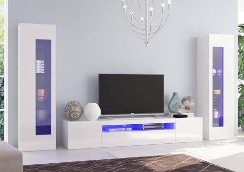 Dmora - Ausgestattete Wand Enzo, TV-Ständer-Wohnzimmerset, Mehrzweck-Wohnzimmermöbel mit LED-Licht, 100 % Made in Italy, 290 x 40 x 162 cm, glänzendes Weiß, von Dmora