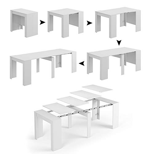 Dmora - Konsolentisch Compton, Ausziehbarer Esstisch, Tisch mit Mehrzweckverlängerungen, die auf bis zu 10 Sitzplätze erweitert werden können, cm 51/237x90h78, Glänzend weiß von Dmora