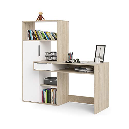 Dmora Multifunktionsschreibtisch mit Bücherregal, Schublade und Tür, Farbe Weiß und Eiche, 162 x 155 x 60 cm von Dmora