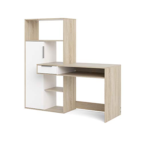 Dmora Multifunktionsschreibtisch mit Bücherregal, Schublade und Tür, Farbe Weiß und Eiche, 162 x 155 x 60 cm von Dmora