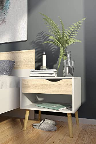 Dmora Nachttisch mit einer Schublade und einem Ablagefach, Farbe Weiß und Eiche, Maße 50 x 49 x 39 cm von Dmora