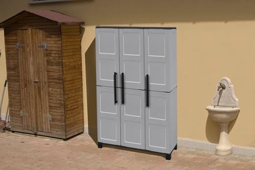 Dmora - Nandrin-Außengarderobe, Besenschrank, 3-türiger Außenschrank, 100% Made in Italy, 102 x 37 x 169 cm, Hellgrau und Schwarz, Kariertes Finish von Dmora