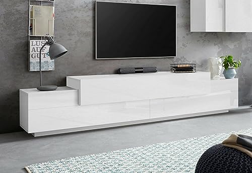 Dmora Nico, niedriger Schrank für Wohnzimmer, TV-Ständer, 100% Made in Italy, 240 x 45 x 52 cm, Holzwerkstoff, glänzend weiß von Dmora