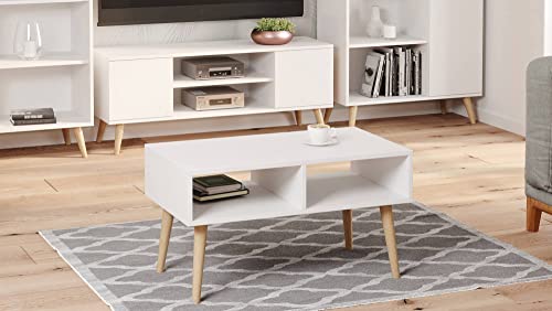 Dmora - Niedriger Couchtisch für Wohnzimmer, Zeitschriftentisch mit 2 Regalen und Füßen, Scandi-Stil, 55x90h55 cm, Weiße Farbe von Dmora