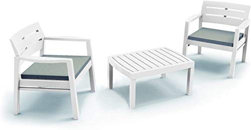 Dmora - Outdoor-Lounge-Set Benevento, Gartengarnitur mit 2 Sesseln und 1 Couchtisch, Innen- und Außensitzgruppe mit Kissen, 100 % Made in Italy, Weiß von Dmora