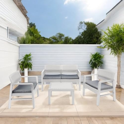 Dmora - Outdoor-Lounge-Set Carpi, Gartengarnitur mit 2 Sesseln, 1 Sofa und 1 Couchtisch, Sitzecke in Rattan-Optik mit Kissen, 100 % Made in Italy, Weiß von Dmora