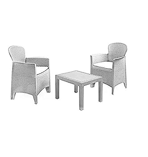 Dmora - Outdoor-Lounge-Set Foggia, Gartengarnitur mit 2 Sesseln und 1 Couchtisch, Sitzecke in Rattan-Optik mit Kissen, 100 % Made in Italy, Weiß von Dmora
