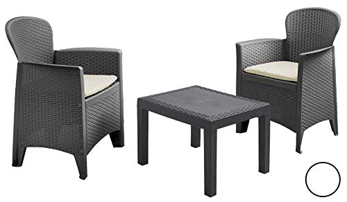 Dmora - Outdoor-Lounge-Set Foggia, Gartengarnitur mit 2 Sesseln und 1 Couchtisch, Sitzgruppe in Rattan-Optik mit Kissen, 100 % Made in Italy, Anthrazit von Dmora