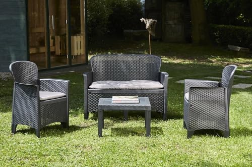 Dmora - Outdoor-Lounge-Set Ostuni, Gartengarnitur mit 2 Sesseln, 1 Sofa und 1 Couchtisch, Sitzecke in Rattan-Optik mit Kissen, 100 % Made in Italy, Anthrazit von Dmora