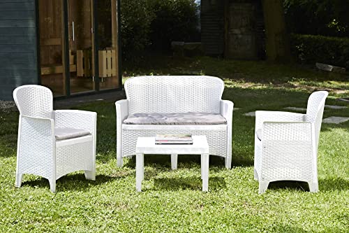 Dmora - Outdoor-Lounge-Set Ostuni, Gartengarnitur mit 2 Sesseln, 1 Sofa und 1 Couchtisch, Sitzecke in Rattan-Optik mit Kissen, 100% Made in Italy, Weiß von Dmora